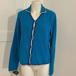 Vintage LT Sport Size Large Bright Blue with Stripe Detail Collar Golf Cardigan